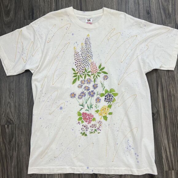 Fruit Of The Loom Vintage Single Stitch Floral Short Sleeve T-Shirt Size XL - Picture 1 of 8